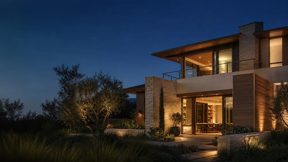 Illustrative contemporary home at blue hour