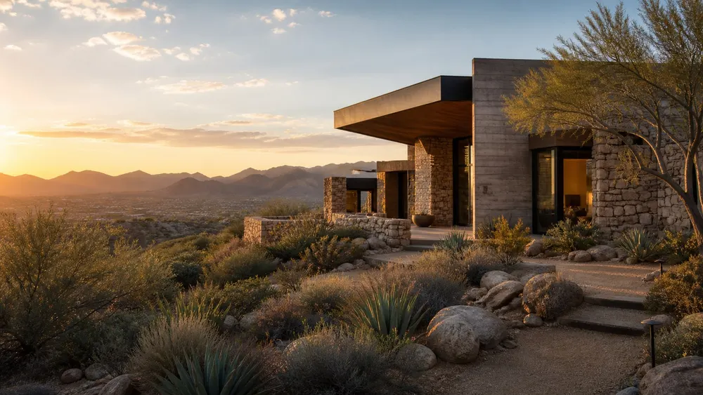 Architectural illustration of a desert home opening onto a quiet terrace