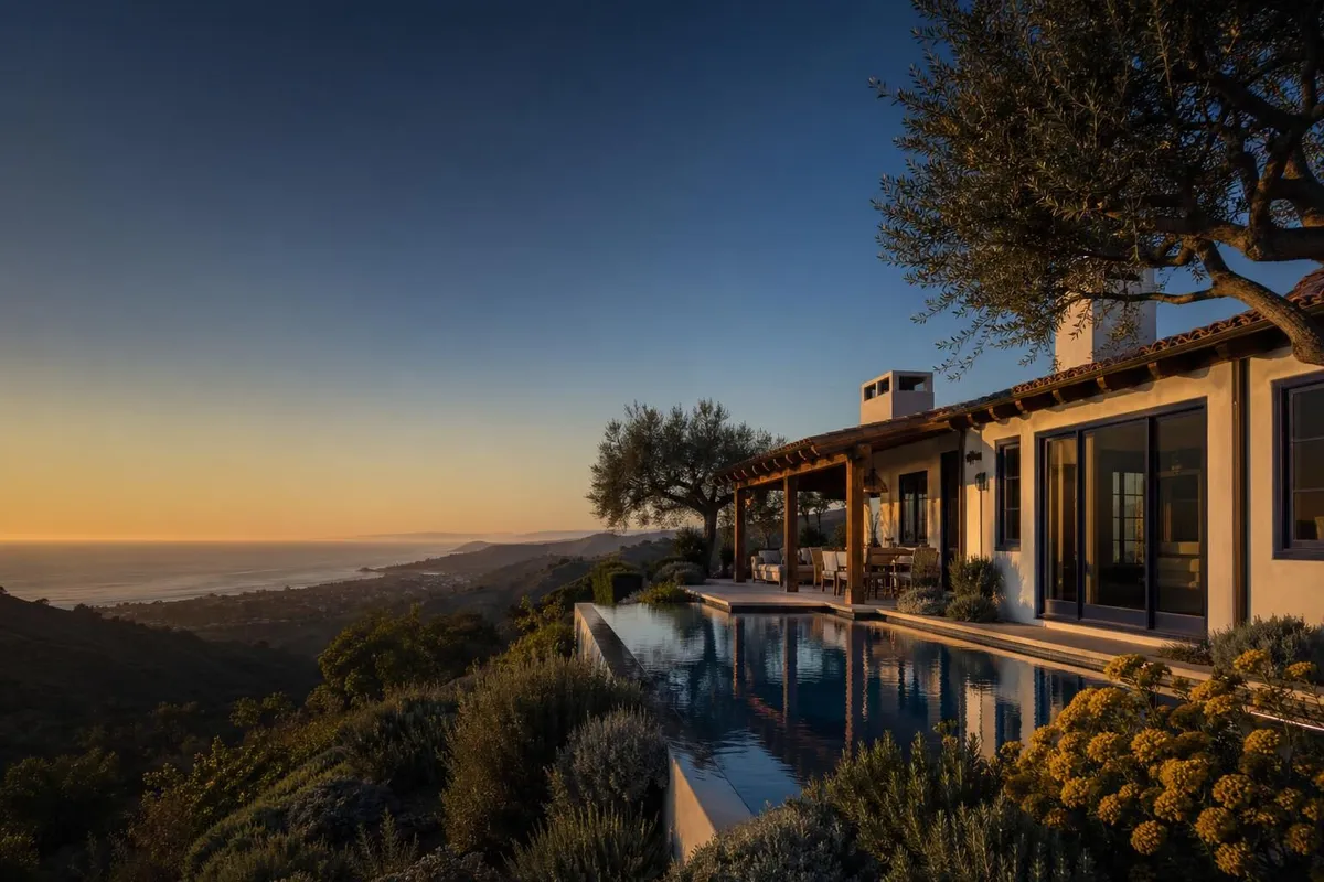 Architectural illustration of a California home at golden hour
