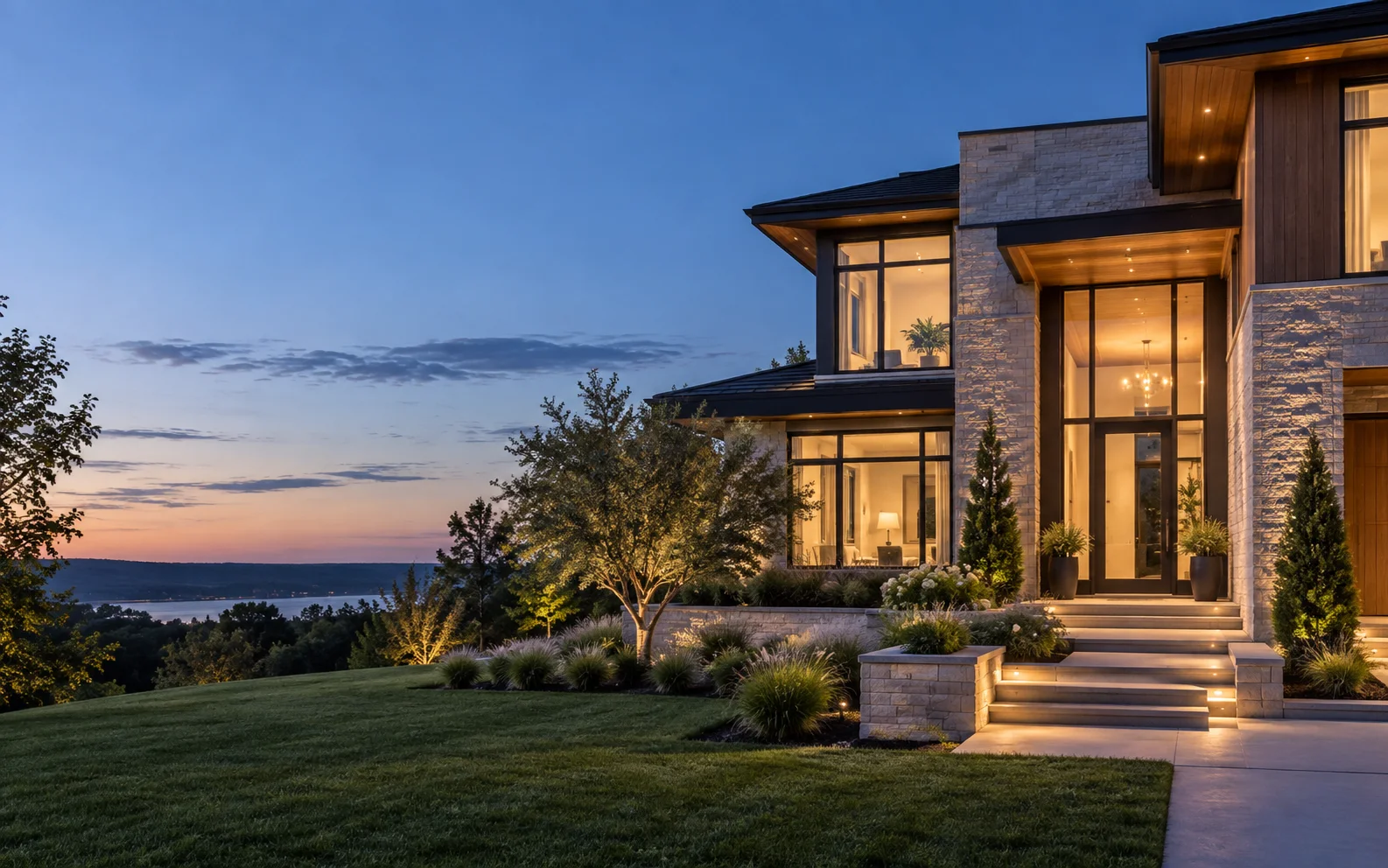 Architectural illustration of a contemporary home at dusk